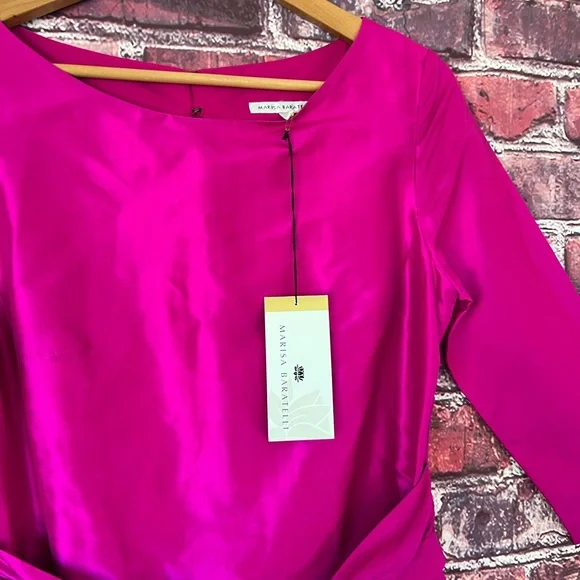 Bright Fuchsia Midi Dress with Navy Tie Waist - Picture 5 of 11